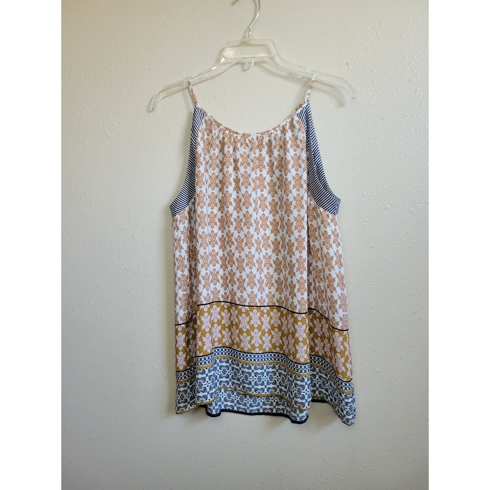 Loft Womens XL Mixed Print Halter Tank Top Mustard Navy Blue Floral Geometric